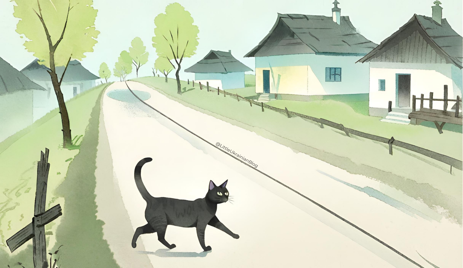 A black cat crossing a Ukrainian village road 10 Ukrainian Superstitions Чорна кішка перебігла дорогу