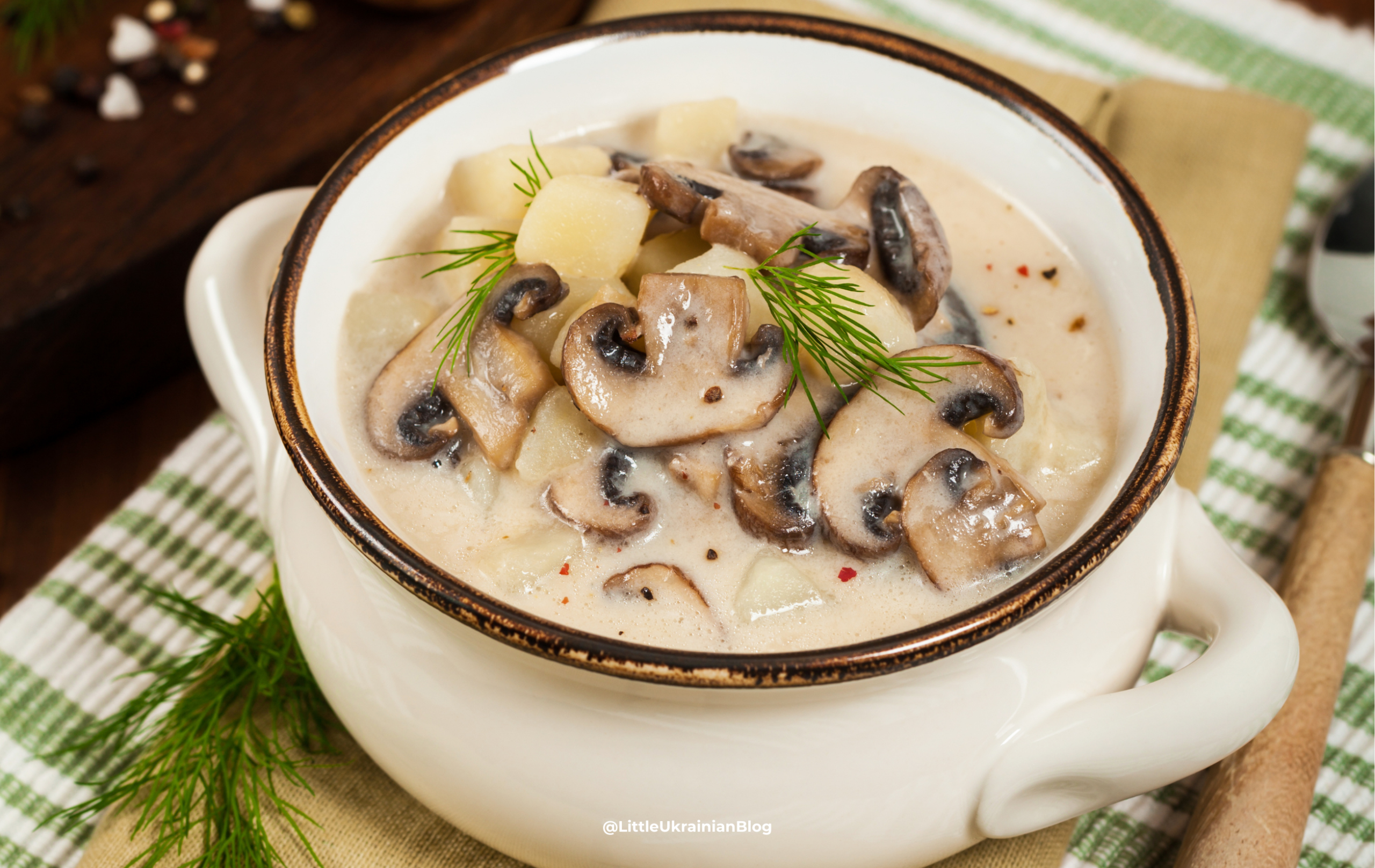 Mushroom Soup (Грибна юшка) English: Ukrainian mushroom soup with fresh vegetables and herbs, a comforting autumn favourite. Ukrainian: Українська грибна юшка зі свіжими овочами та зеленню, затишна осіння страва.