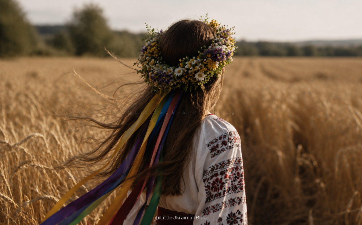 Traditional Ukrainian vinok flower crown worn by a young woman standing in a wheat field, featuring colourful ribbons, embroidered clothing and symbolic elements of Ukrainian folklore and cultural heritage.